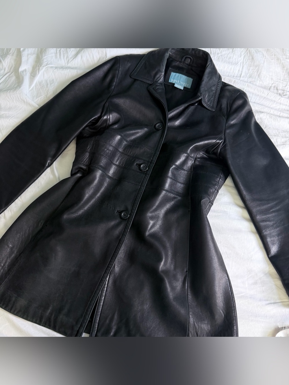 Vintage Authentic Nine West Retro Y2K Black Genuine Leather Large Trench Coat